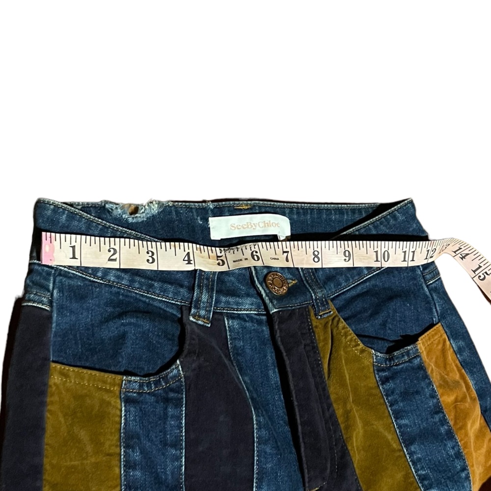 See by Chloe Leather Denim corduroy suede Paneled Flare Jeans Patchwork - Picture 9 of 13